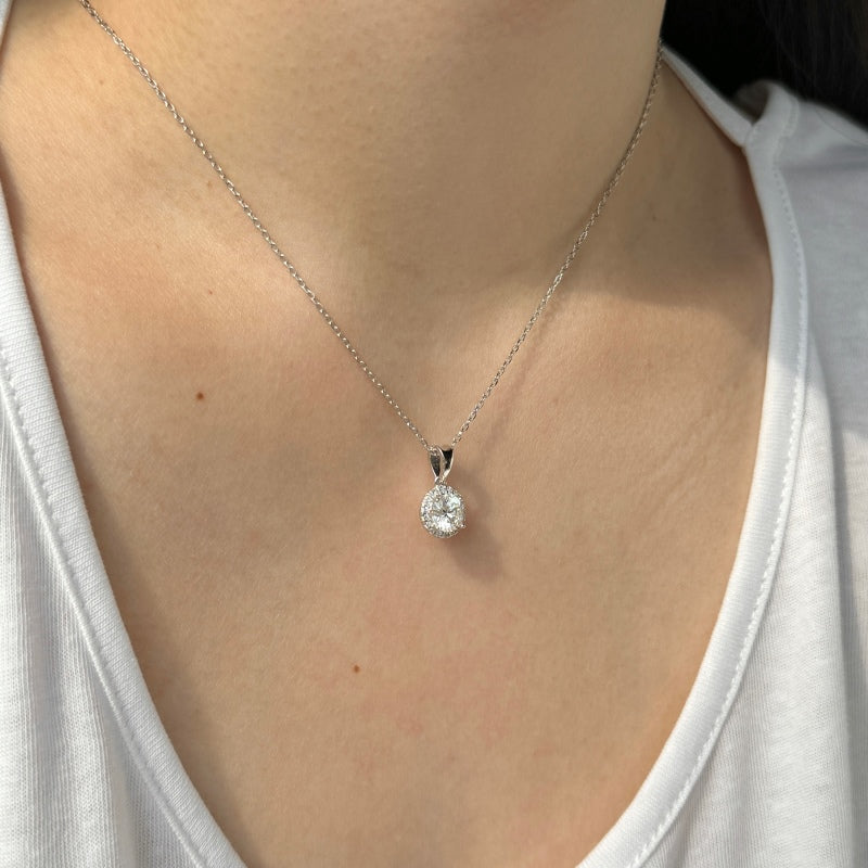Moissanite Halo Necklace – 1ct D-Color VVS1 • 925 Silver Rhodium Plated