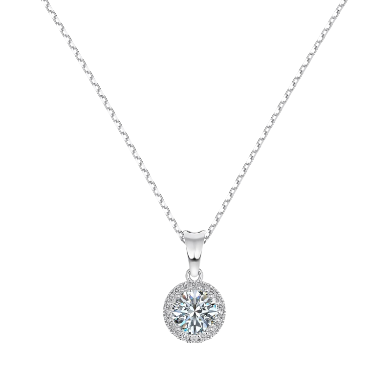 Moissanite Halo Necklace – 1ct D-Color VVS1 • 925 Silver Rhodium Plated